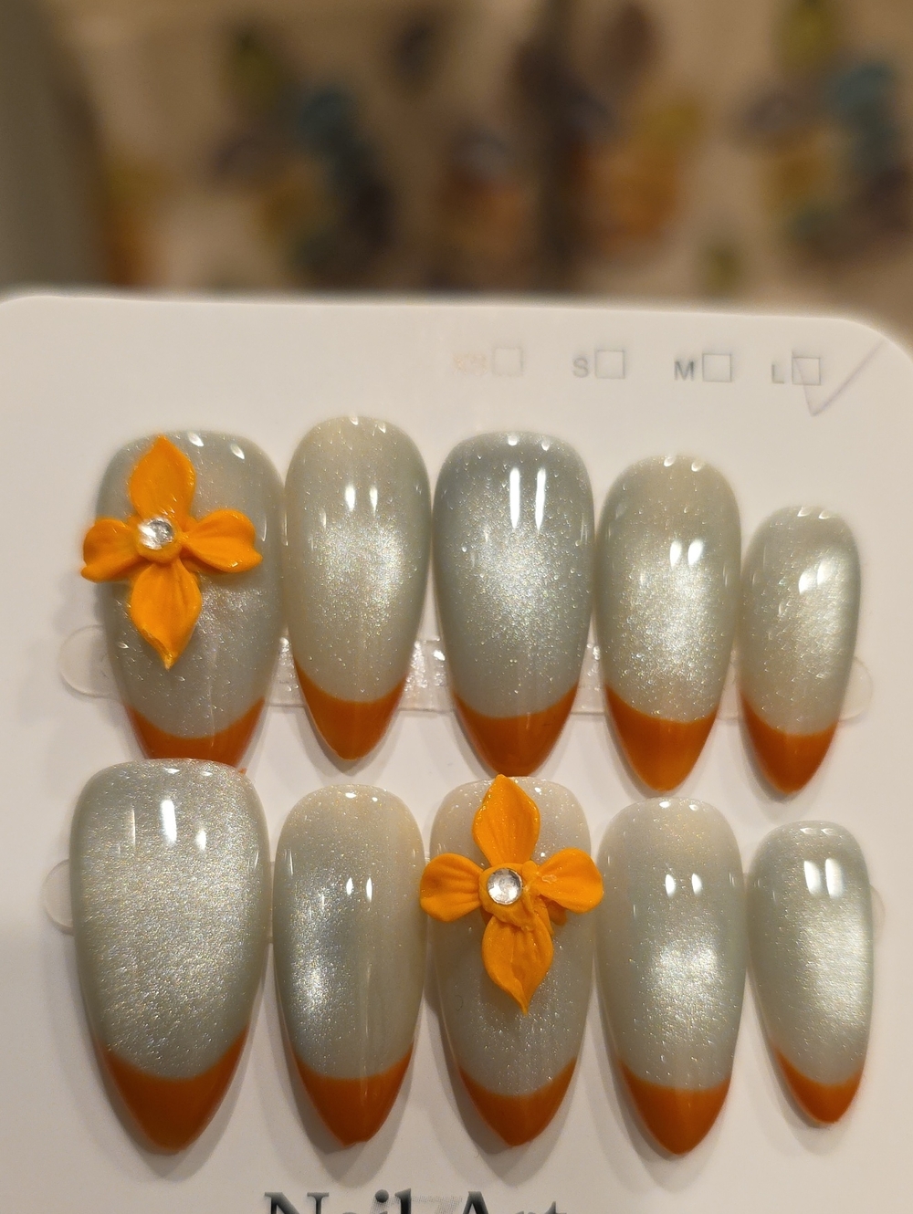 Pearl Gray and Orange Floral French Press-On Nail Set Size Large